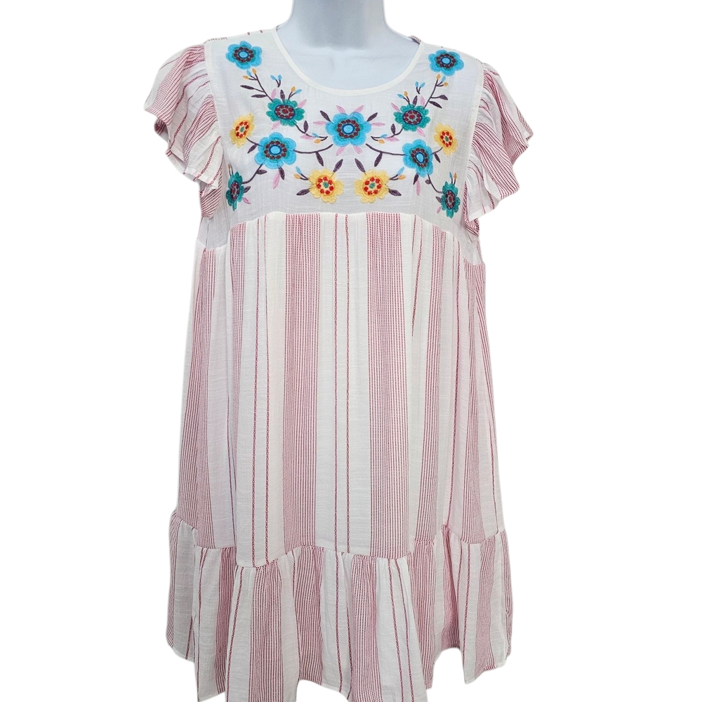 Anthropologie Pink and White Striped Midi Dress with Floral Embroidery